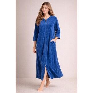 Miss Elaine Blue Velour Zip Lounge Dress XL Pockets Cozy House Maxi Robe Granny